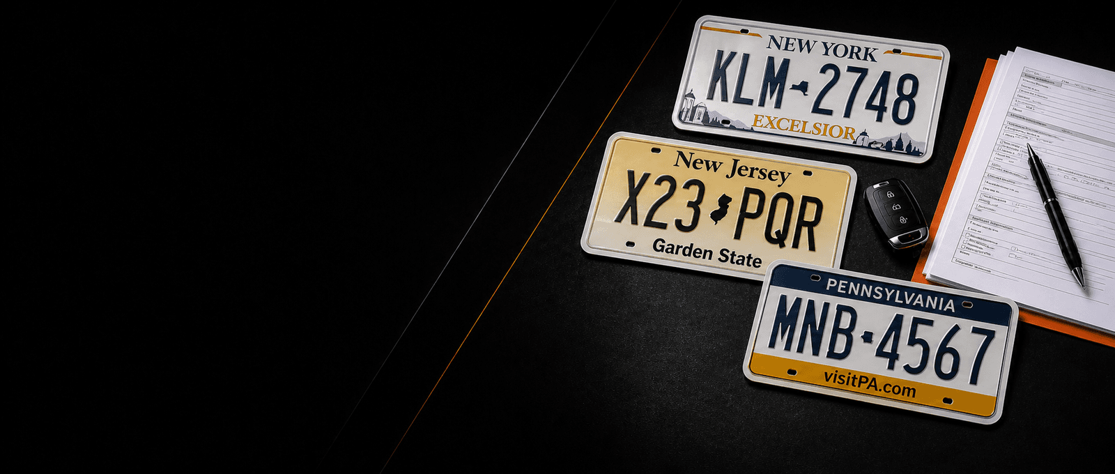 Vehicle plates, keys and paperwork ready for registration